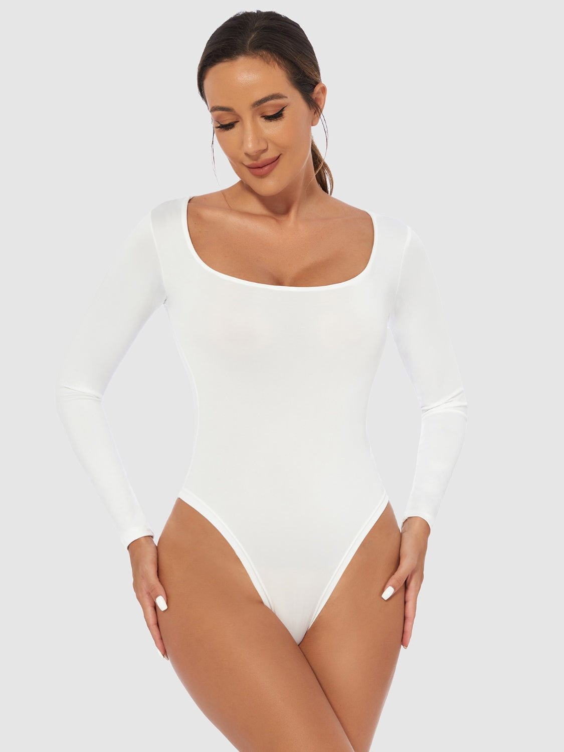4 Colors - Scooped Long Sleeve Bodysuit- (White, Black, Brown, Tan)