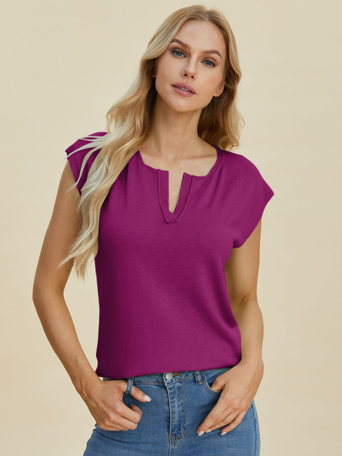 Notched Cap Sleeve Knit Top- 4 Colors (Caramel, Dust Storm, Magenta, Sage)