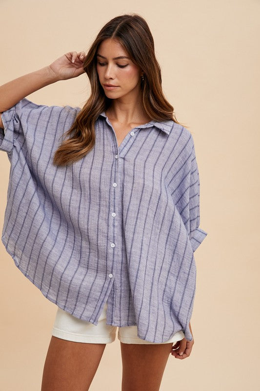 Annie Wear Striped Button Up Top- Blue