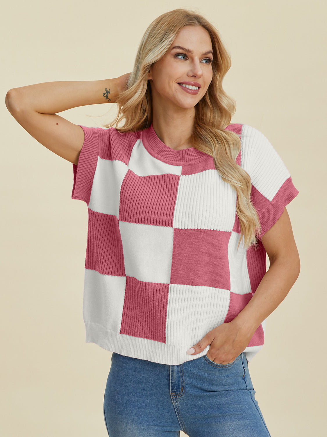 Checkered Short Sleeve Sweater- 4 Colors (Black, Pink, Camel, Turquoise)