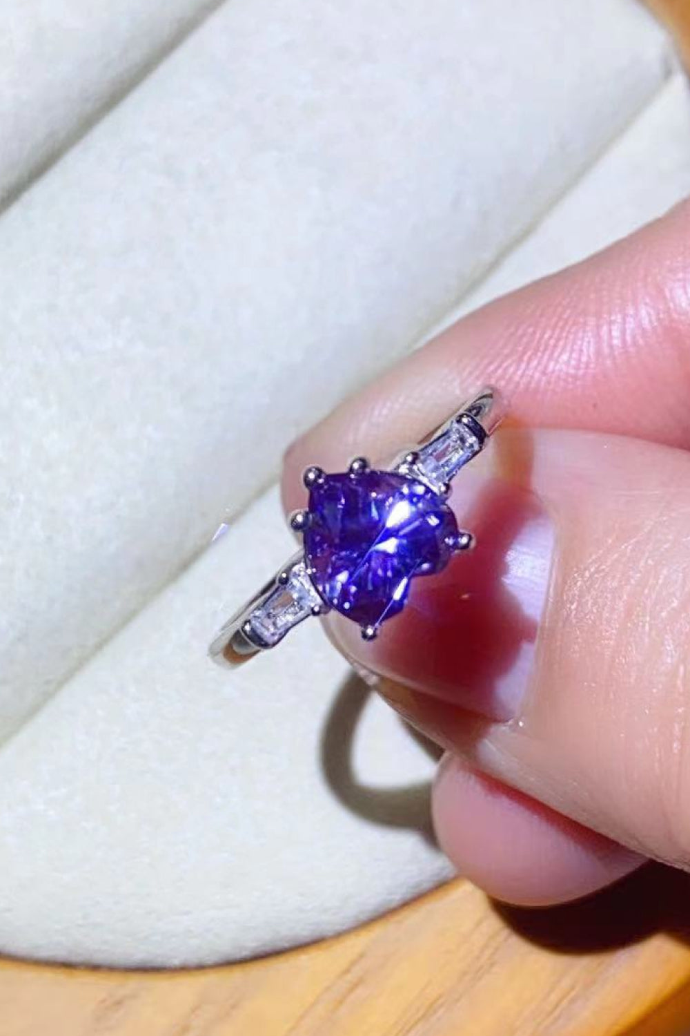 1 Carat Purple Moissanite Heart-Shaped Platinum-Plated Ring