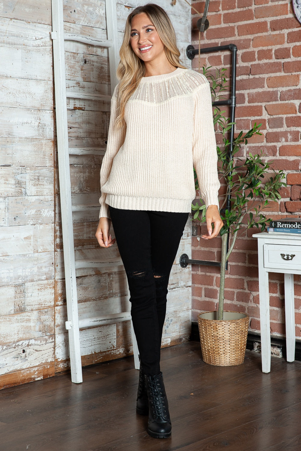 Round Neck Rib-Knit Sweater- 3 Colors (White, Black, Cream)