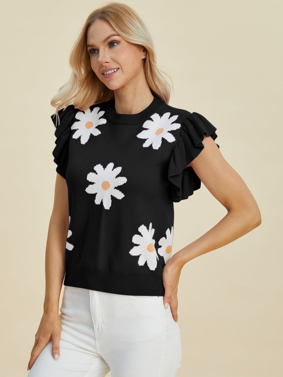 Ruffled Flower Round Neck Cap Sleeve Sweater- Black