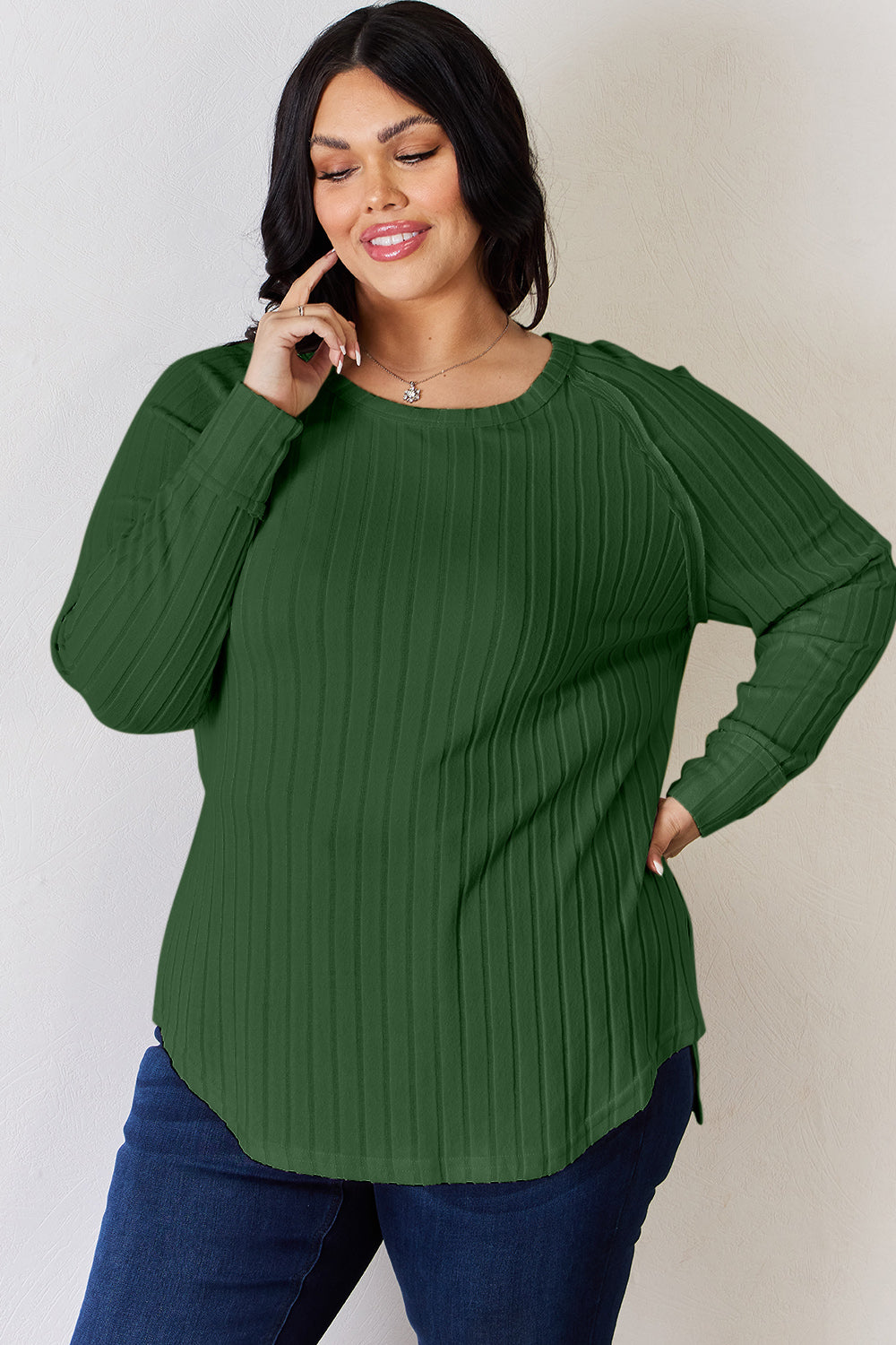 Basic Bae Full Size Ribbed Round Neck Slit long sleeve Shirt