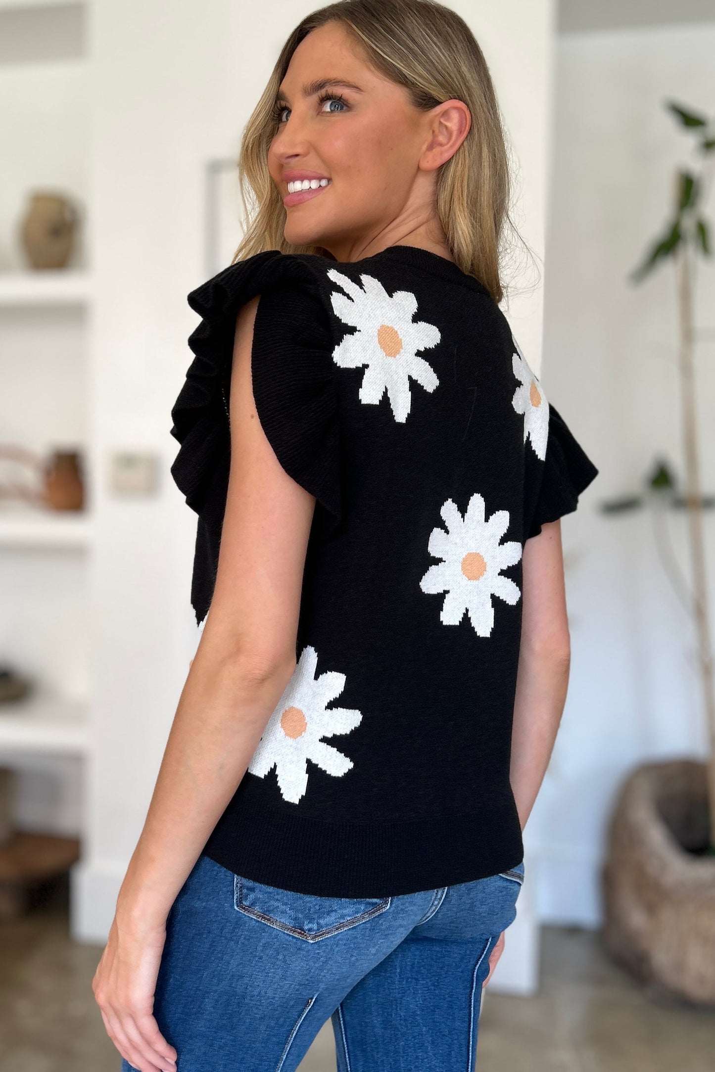 Ruffled Flower Round Neck Cap Sleeve Sweater- Black