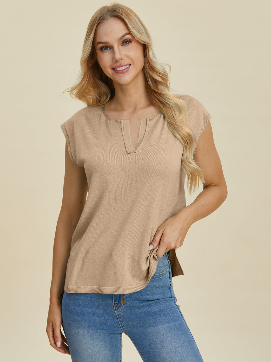 Notched Cap Sleeve Knit Top- 4 Colors (Caramel, Dust Storm, Magenta, Sage)