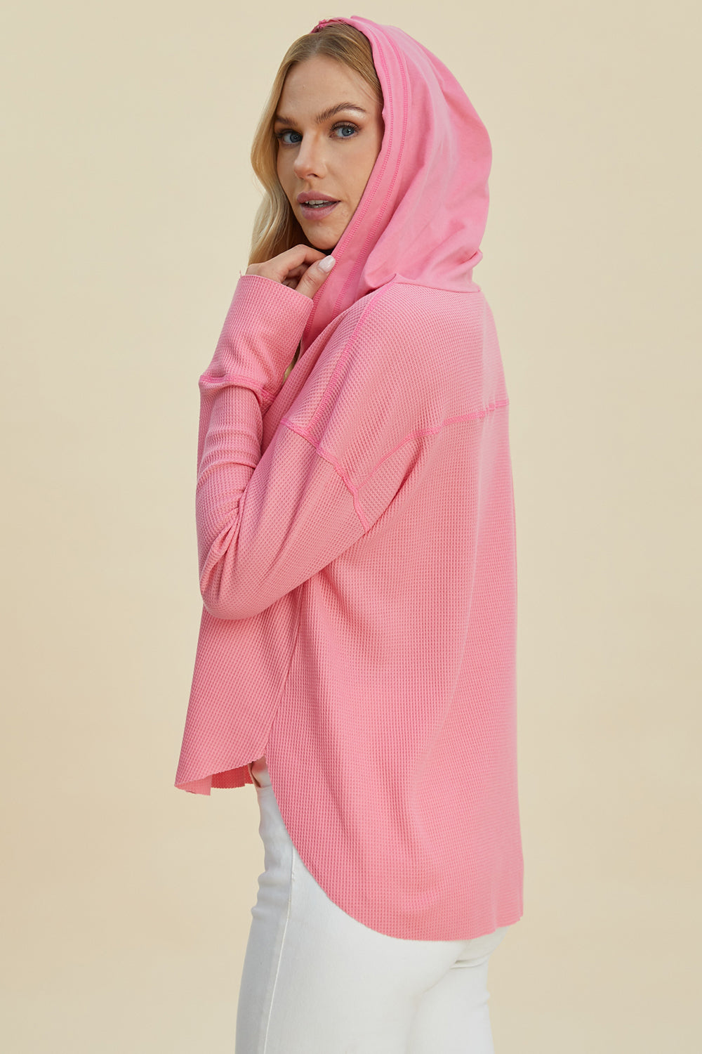 High-Low Dropped Shoulder Hoodie- 2 Colors (Camel, Pink)
