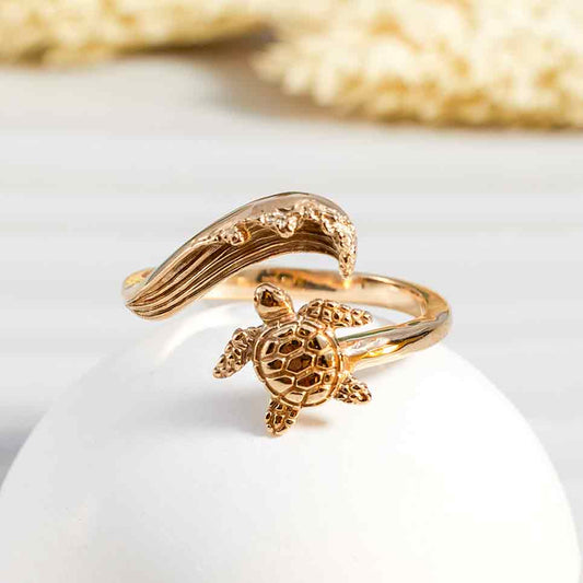 Bronze Sea Turtle & Wave Adjustable Ring