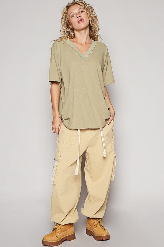 POL V-Neck Half Sleeve T-Shirt- Moss