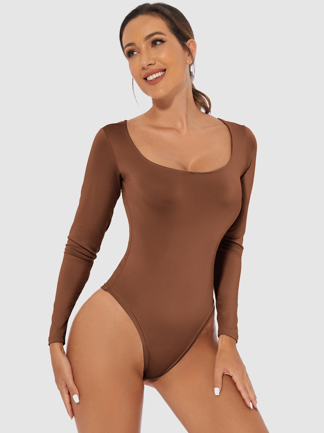 4 Colors - Scooped Long Sleeve Bodysuit- (White, Black, Brown, Tan)