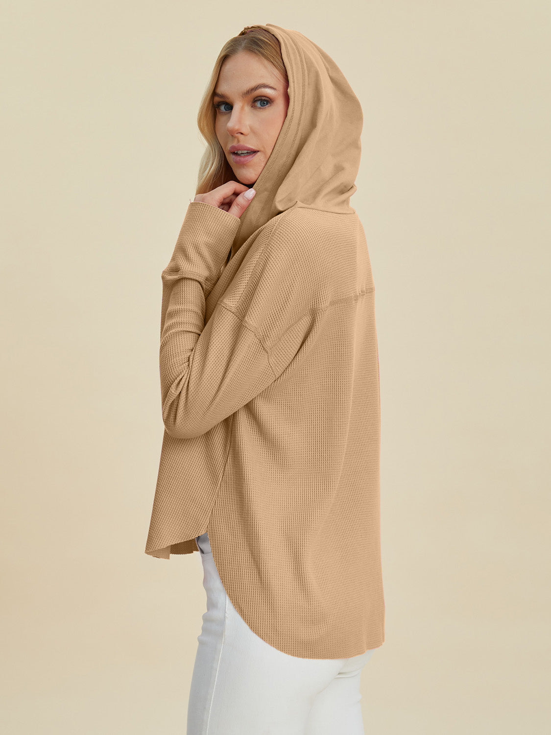 High-Low Dropped Shoulder Hoodie- 2 Colors (Camel, Pink)