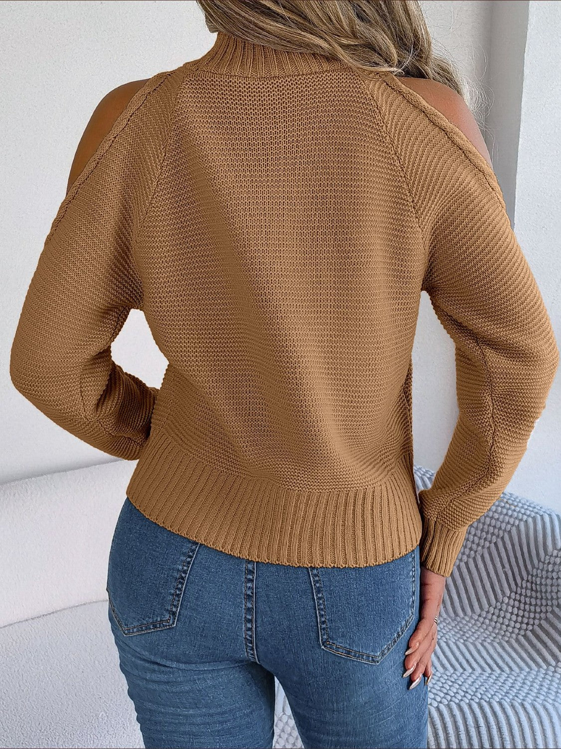 Cable-Knit Turtleneck Cold Shoulder Sweater- 3 Colors (White, Dark Gray, Camel)