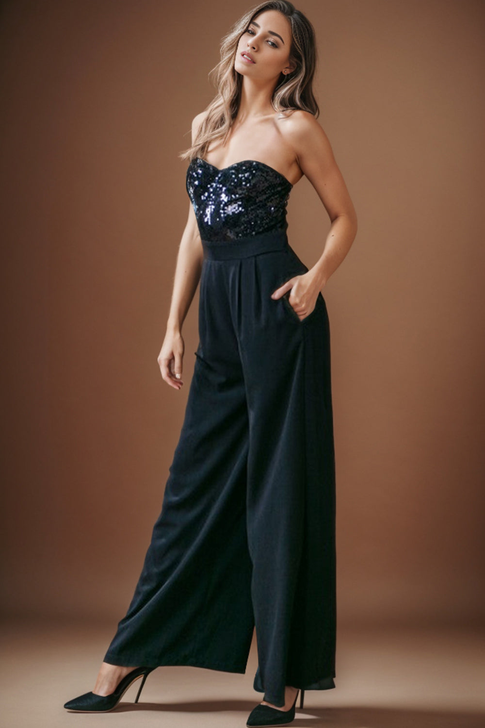 Sequin Wide Leg Jumpsuit - Black