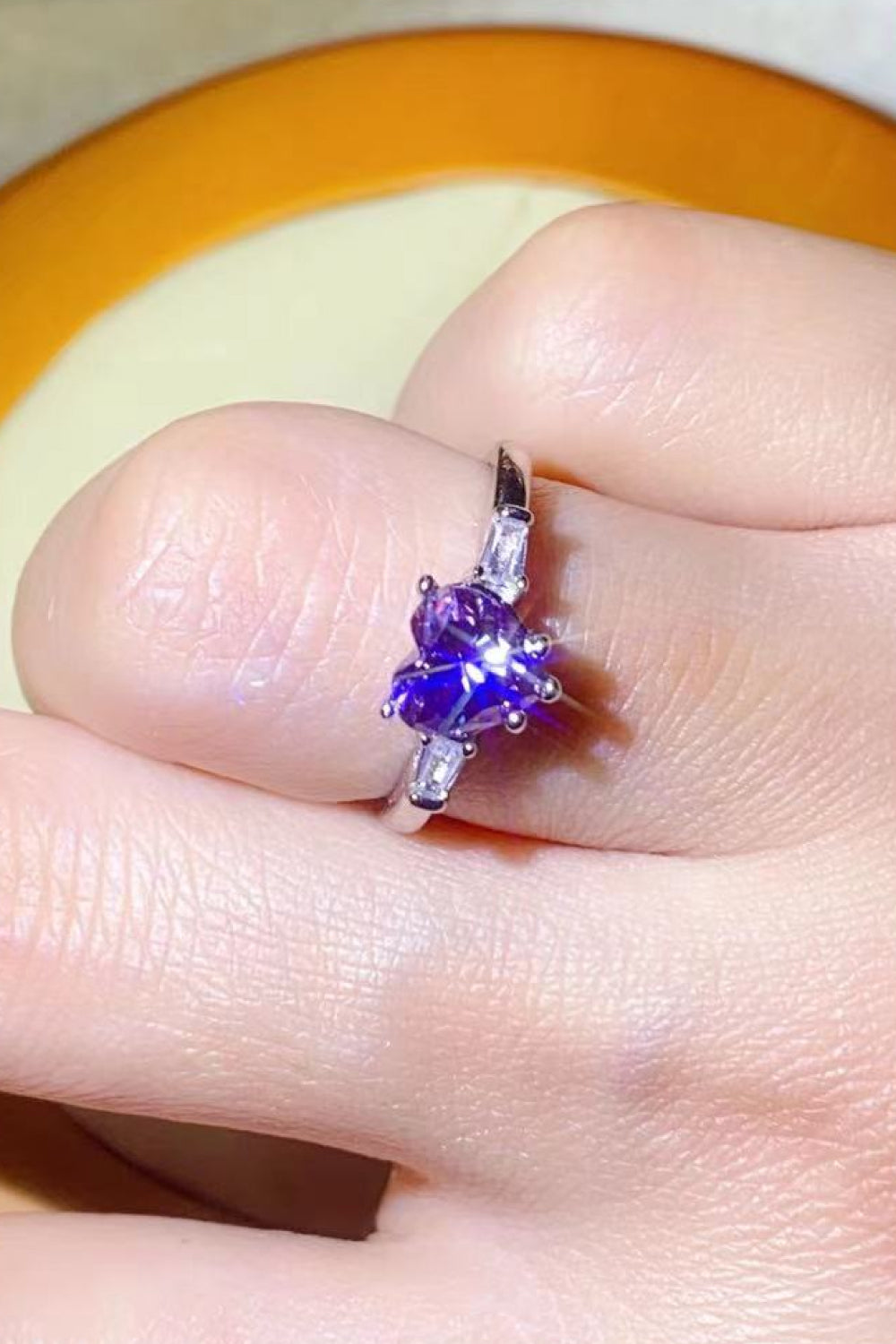 1 Carat Purple Moissanite Heart-Shaped Platinum-Plated Ring