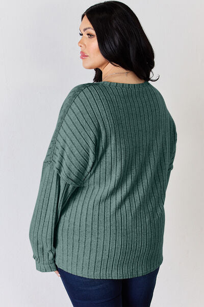 Ribbed Half Button Long Sleeve- 5 Colors (Brick, Green, Peacock, Pink, Sky)