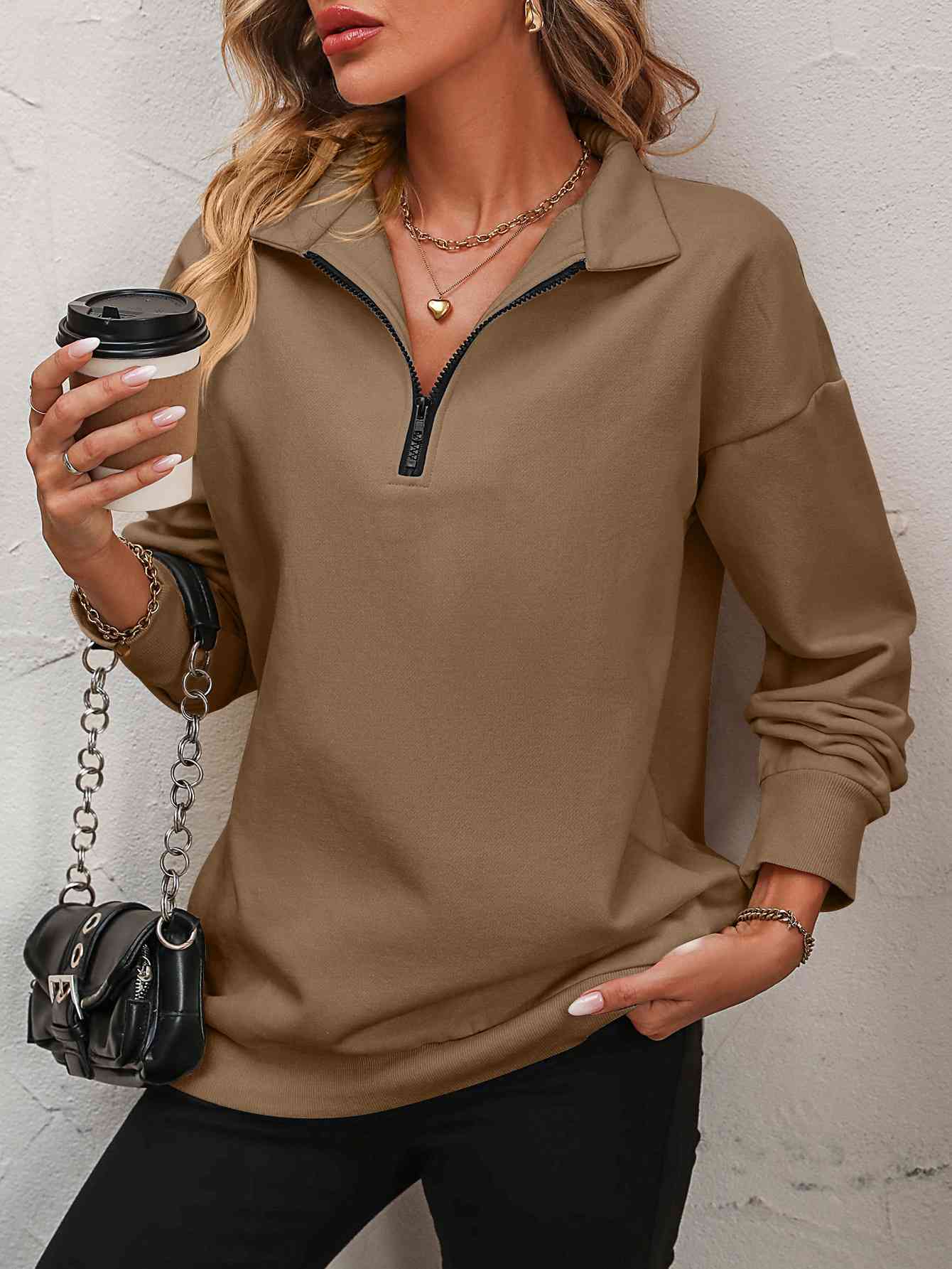 Zip-Up Dropped Shoulder Sweatshirt- 7 Colors (Hot Pink, Black, Wine, Camel, Army Green, Apricot, Grey)