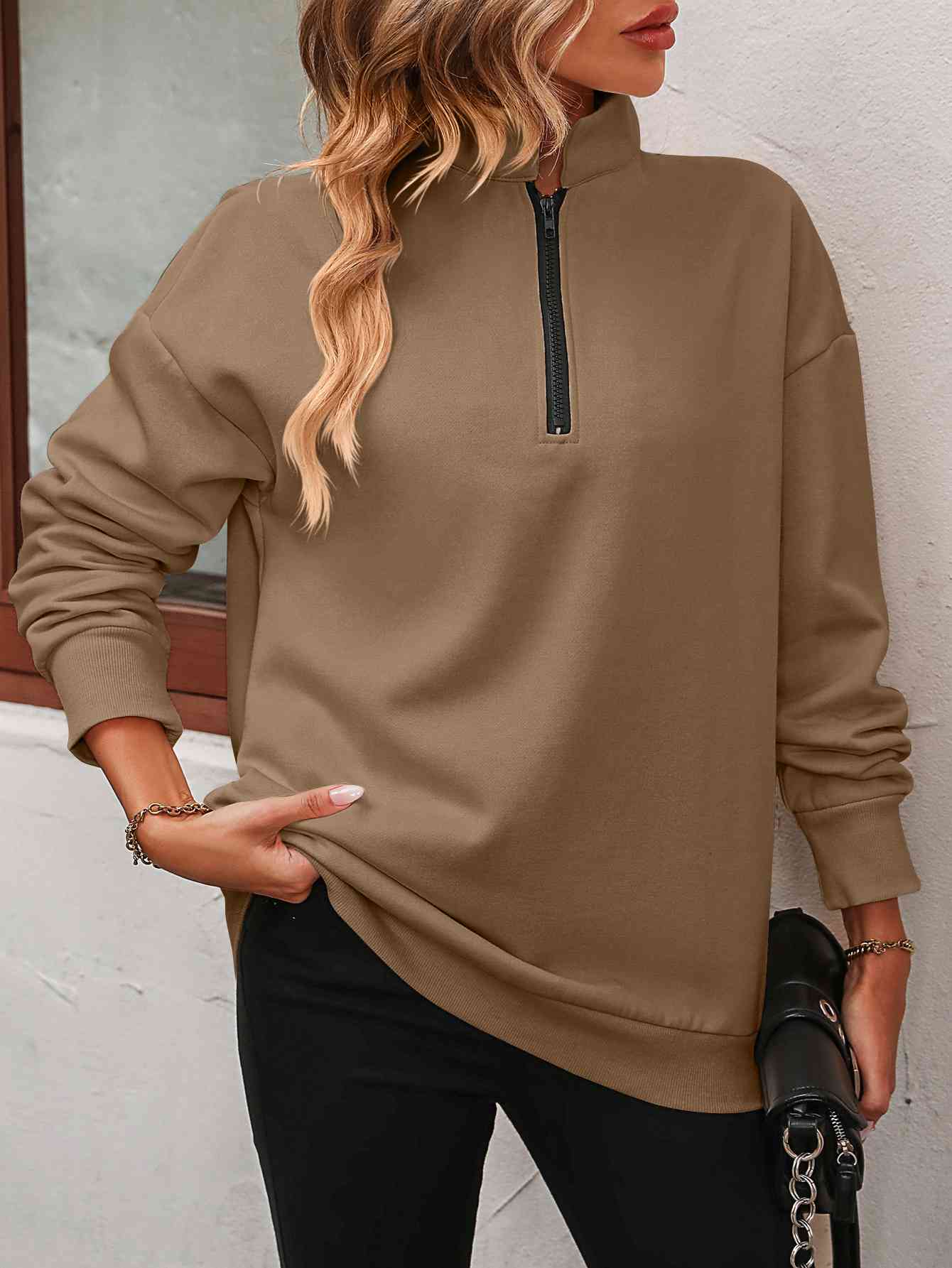 Zip-Up Dropped Shoulder Sweatshirt- 7 Colors (Hot Pink, Black, Wine, Camel, Army Green, Apricot, Grey)