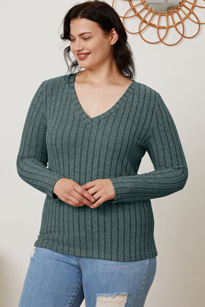 Ribbed V-Neck Long Sleeve Top- 5 Colors (Green, Teal, Peacock, Pink)