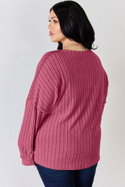 Ribbed Half Button Long Sleeve- 5 Colors (Brick, Green, Peacock, Pink, Sky)