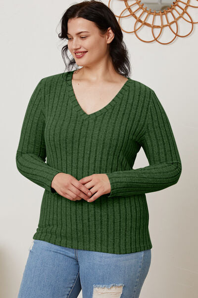 Ribbed V-Neck Long Sleeve Top- 5 Colors (Green, Teal, Peacock, Pink)