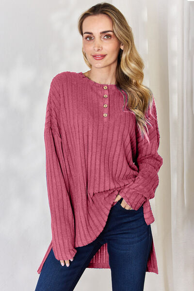 Ribbed Half Button High-Low Top- 5 Colors (Sky, Green, Pink, Red, Blue)