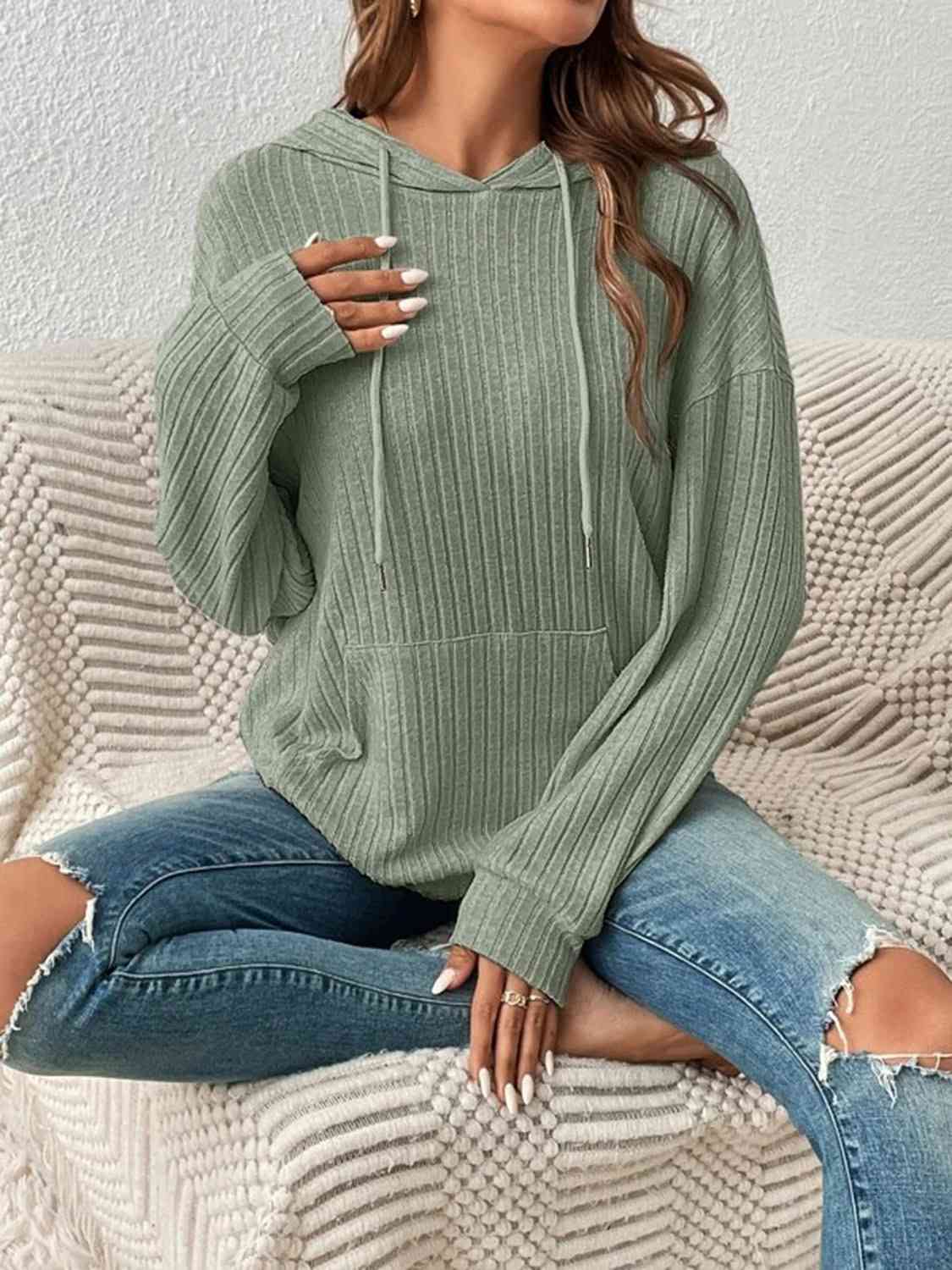 Ribbed Drawstring Hoodie- 4 Colors (Tan, Gum Leaf, Light Gray, Black)