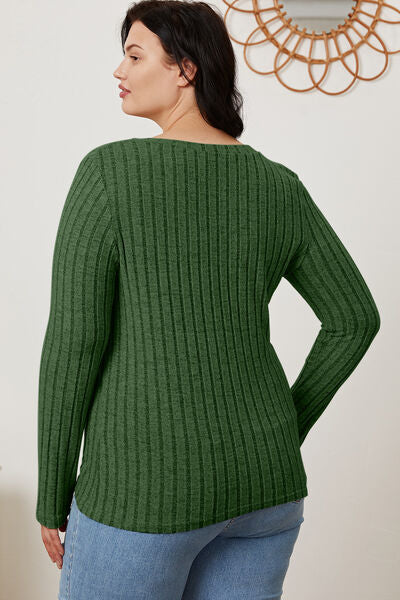 Ribbed V-Neck Long Sleeve Top- 5 Colors (Green, Teal, Peacock, Pink)
