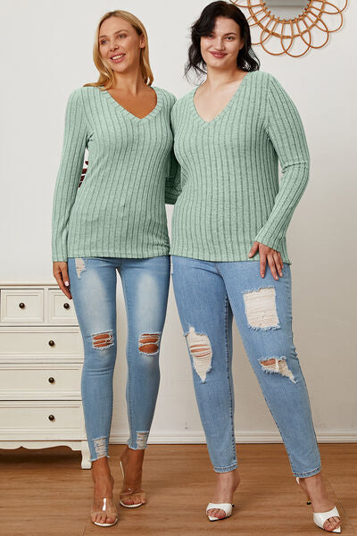 Ribbed V-Neck Long Sleeve Top- 5 Colors (Green, Teal, Peacock, Pink)