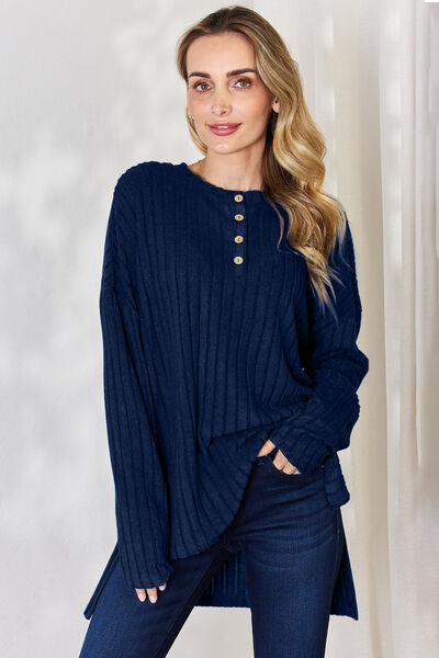 Ribbed Half Button High-Low Top- 5 Colors (Sky, Green, Pink, Red, Blue)