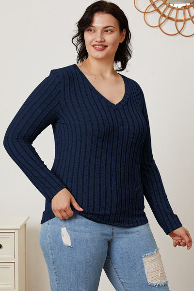 Ribbed V-Neck Long Sleeve Top- 5 Colors (Green, Teal, Peacock, Pink)