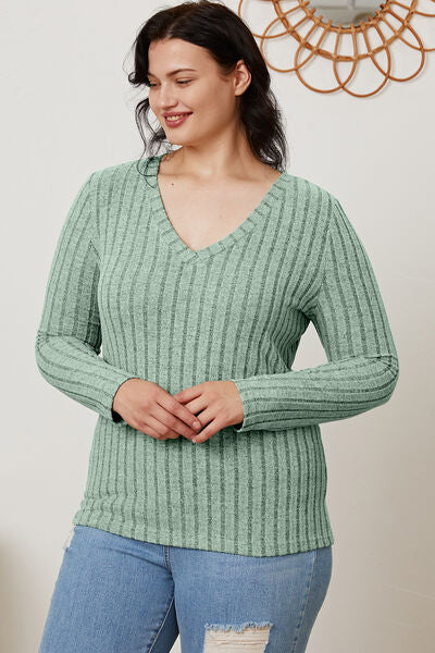 Ribbed V-Neck Long Sleeve Top- 5 Colors (Green, Teal, Peacock, Pink)