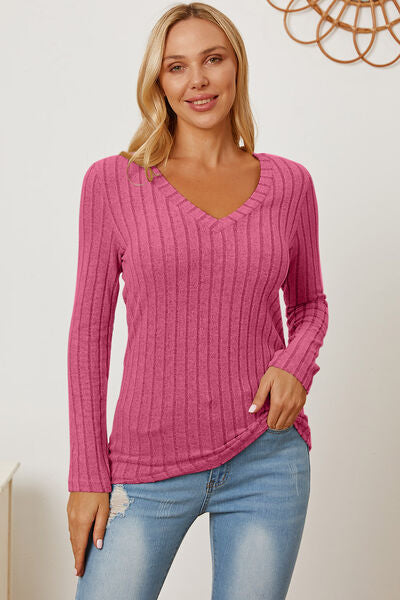 Ribbed V-Neck Long Sleeve Top- 5 Colors (Green, Teal, Peacock, Pink)