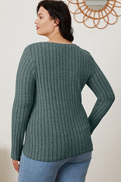 Ribbed V-Neck Long Sleeve Top- 5 Colors (Green, Teal, Peacock, Pink)
