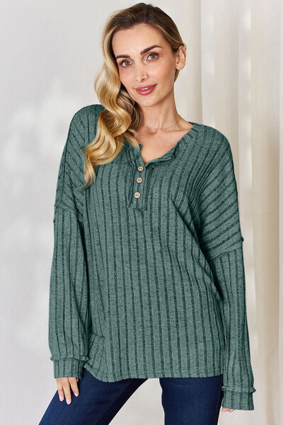 Ribbed Half Button Long Sleeve- 5 Colors (Brick, Green, Peacock, Pink, Sky)