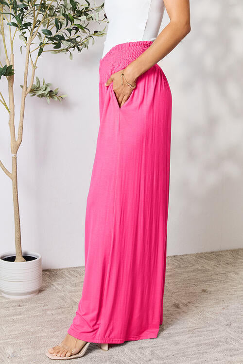 Smocked Waistband Wide Leg Pants- 5 Colors (Pink, Army Green Coffee, Black, Charcoal)
