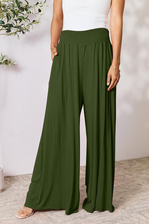 Smocked Waistband Wide Leg Pants- 5 Colors (Pink, Army Green Coffee, Black, Charcoal)