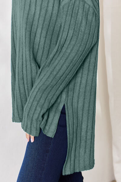 Ribbed Half Button High-Low Top- 5 Colors (Sky, Green, Pink, Red, Blue)