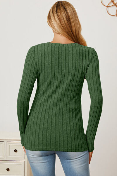 Ribbed V-Neck Long Sleeve Top- 5 Colors (Green, Teal, Peacock, Pink)
