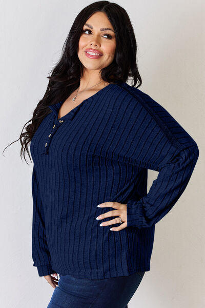 Ribbed Half Button Long Sleeve- 5 Colors (Brick, Green, Peacock, Pink, Sky)