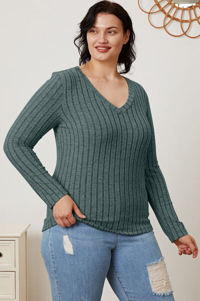 Ribbed V-Neck Long Sleeve Top- 5 Colors (Green, Teal, Peacock, Pink)
