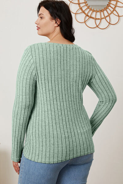Ribbed V-Neck Long Sleeve Top- 5 Colors (Green, Teal, Peacock, Pink)