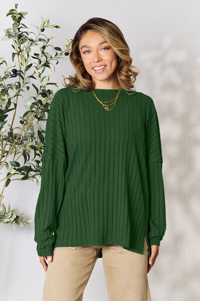 Ribbed Slit Knit Top- 5 Colors (Peacock, Black, Navy, Brick, Green)
