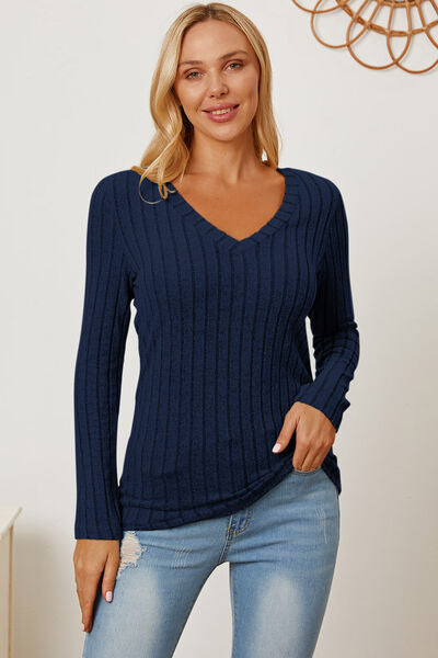 Ribbed V-Neck Long Sleeve Top- 5 Colors (Green, Teal, Peacock, Pink)