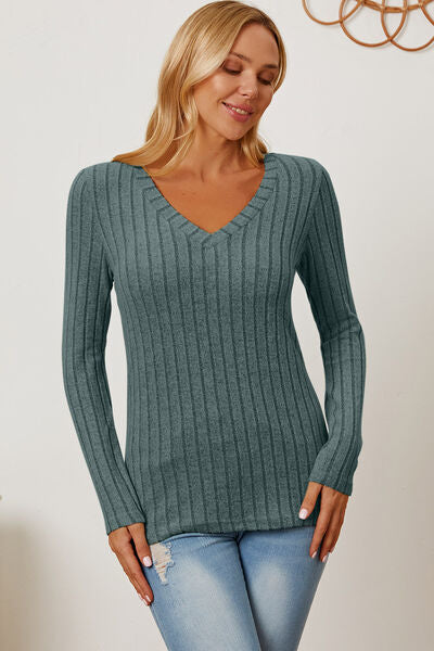 Ribbed V-Neck Long Sleeve Top- 5 Colors (Green, Teal, Peacock, Pink)