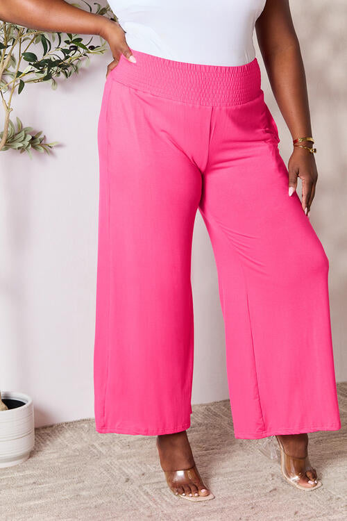 Smocked Waistband Wide Leg Pants- 5 Colors (Pink, Army Green Coffee, Black, Charcoal)