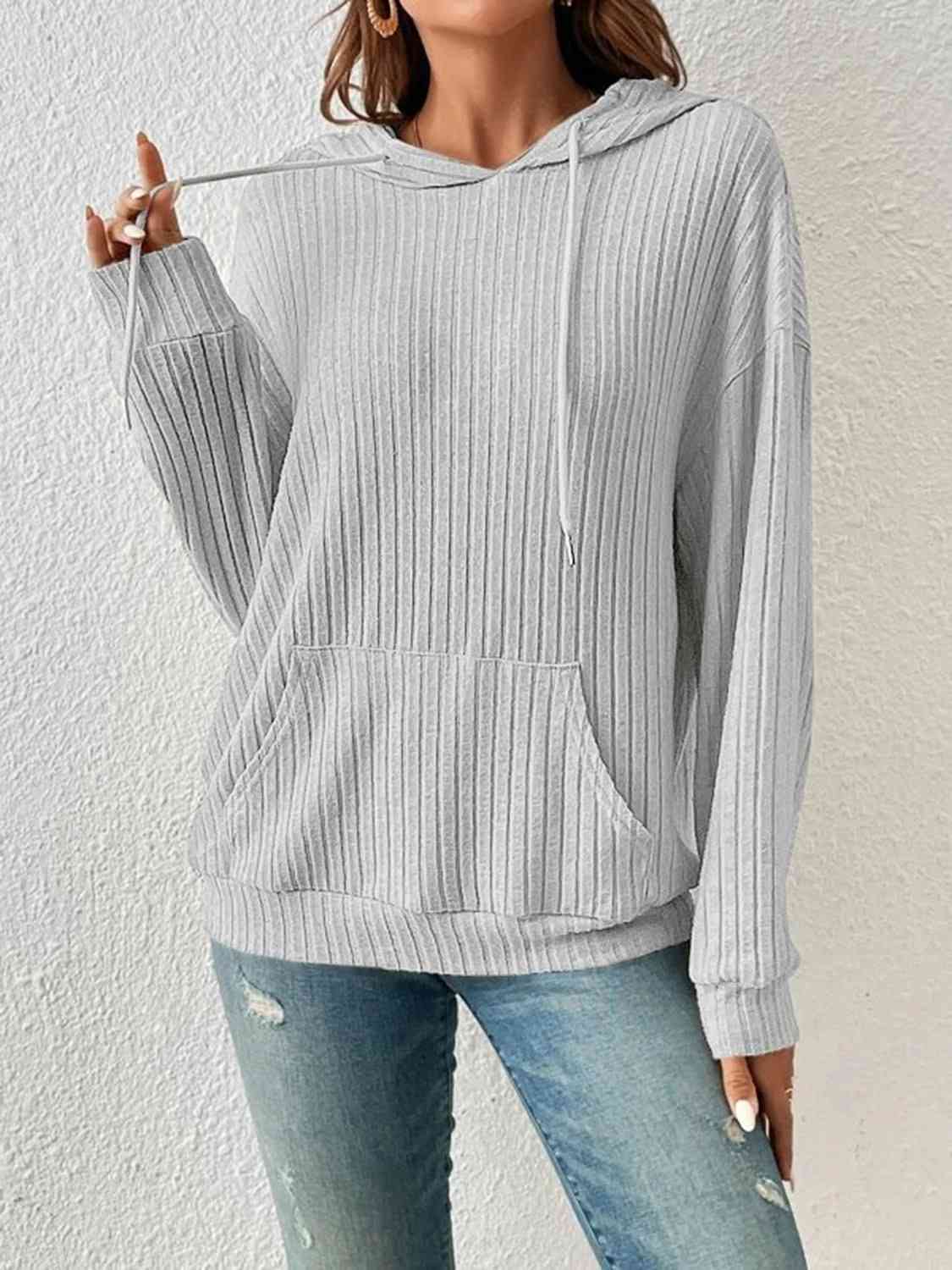 Ribbed Drawstring Hoodie- 4 Colors (Tan, Gum Leaf, Light Gray, Black)