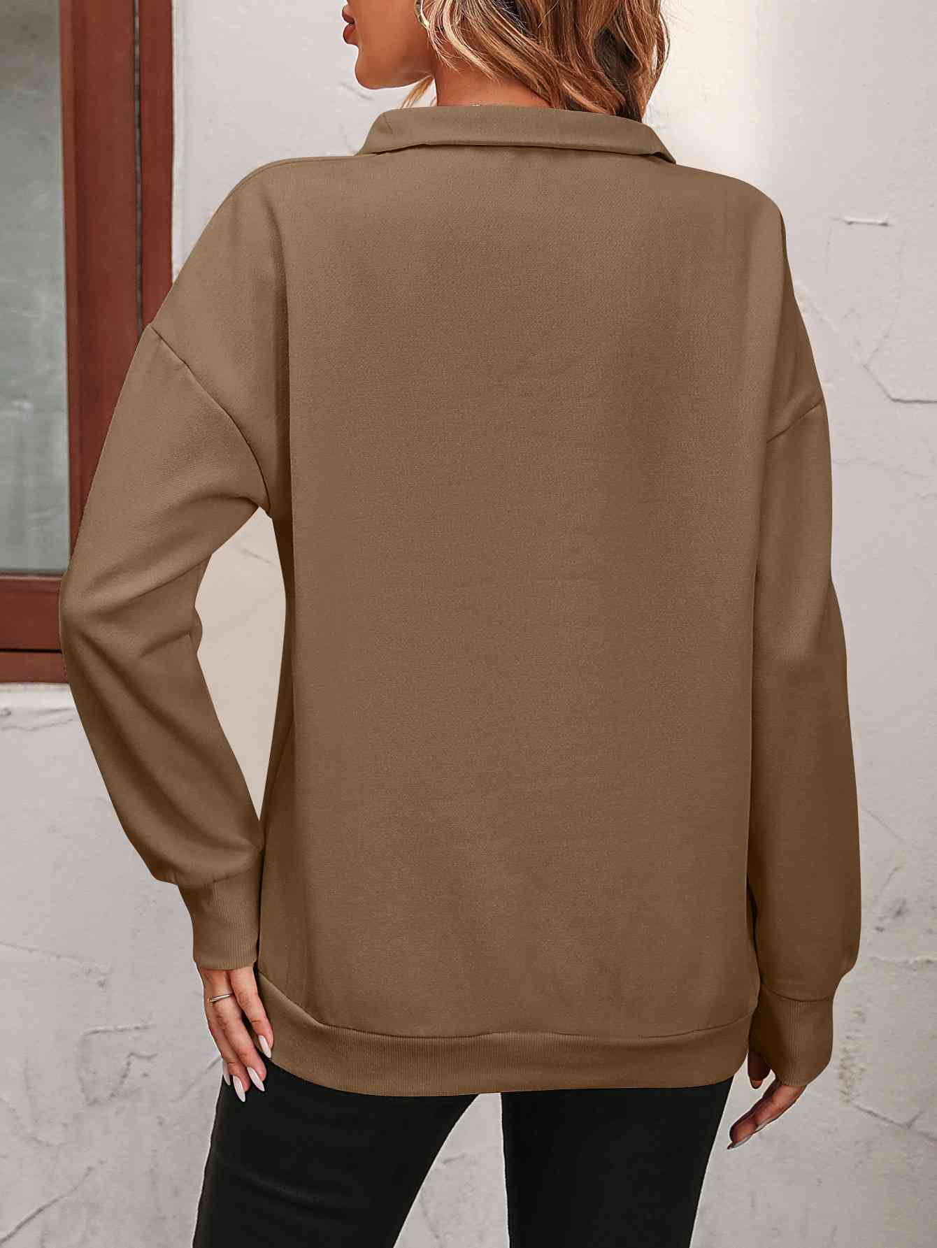 Zip-Up Dropped Shoulder Sweatshirt- 7 Colors (Hot Pink, Black, Wine, Camel, Army Green, Apricot, Grey)