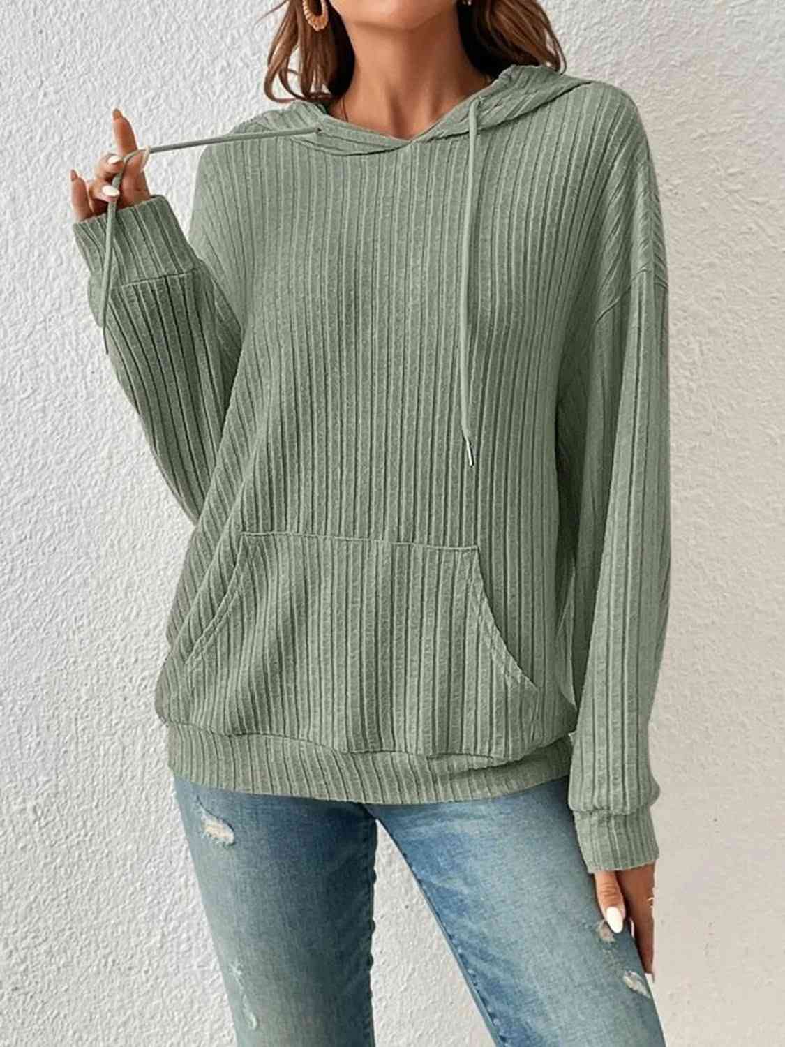 Ribbed Drawstring Hoodie- 4 Colors (Tan, Gum Leaf, Light Gray, Black)