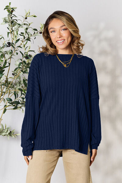 Ribbed Slit Knit Top- 5 Colors (Peacock, Black, Navy, Brick, Green)