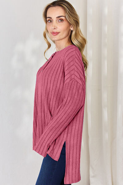Ribbed Half Button High-Low Top- 5 Colors (Sky, Green, Pink, Red, Blue)